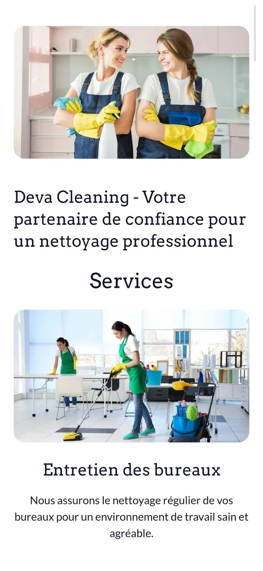 Page services du site Deva Cleaning sur smartphone : entretien des bureaux