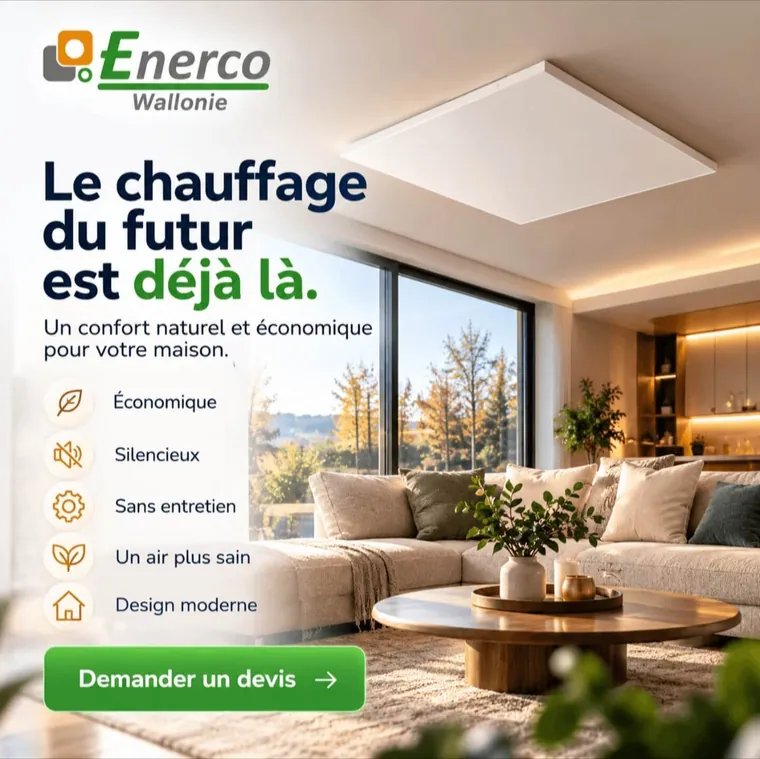 Publicité Enerco Wallonie : Le chauffage du futur est déjà là, panneau infrarouge au plafond