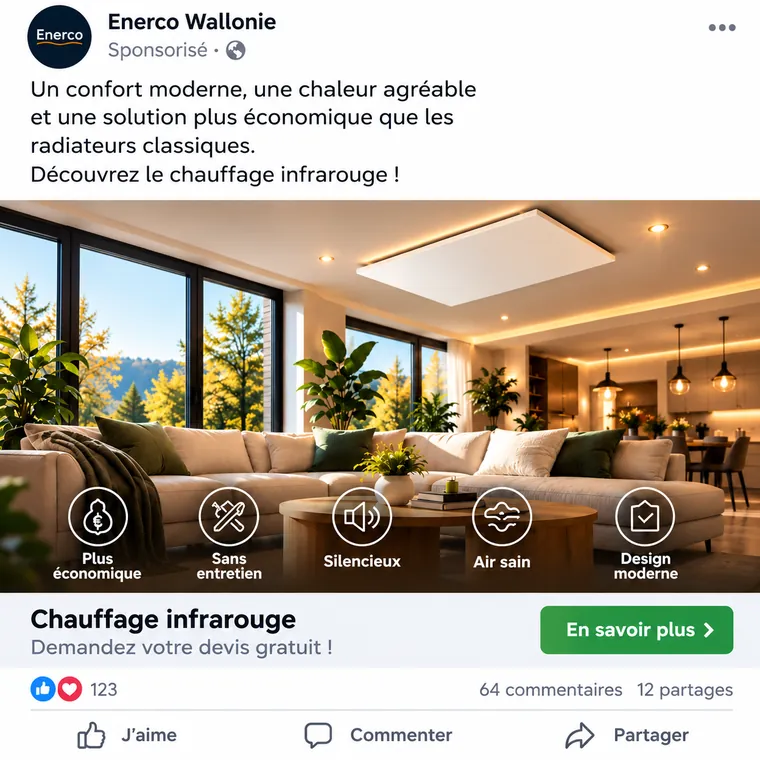 Exemple de publicité Facebook pour le chauffage infrarouge Enerco Wallonie avec bouton En savoir plus