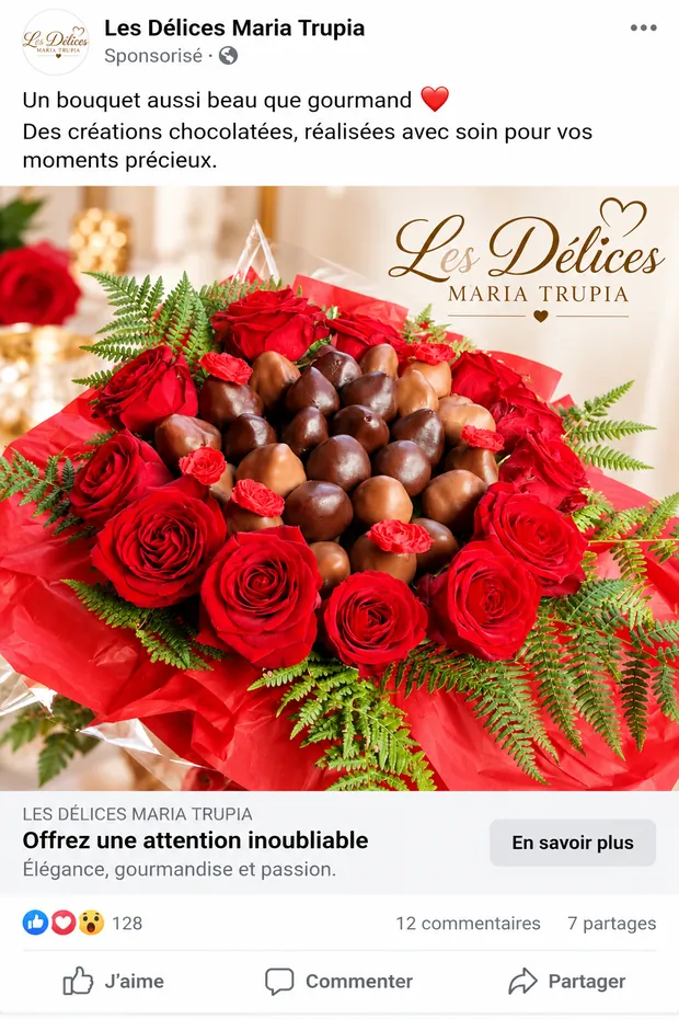 Publicité Facebook Les Délices : bouquet de roses et de fraises enrobées de chocolat