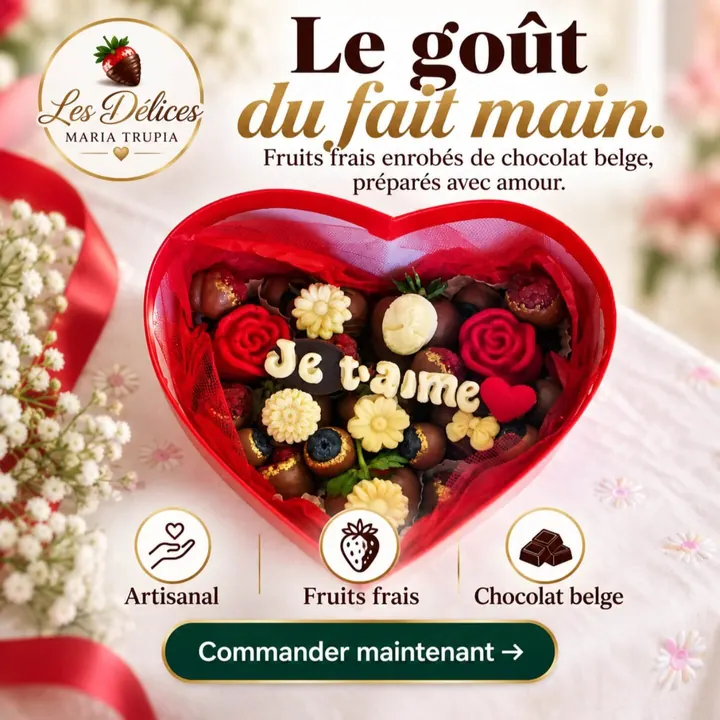 Visuel Instagram Les Délices, boîte en forme de cœur avec fruits enrobés de chocolat